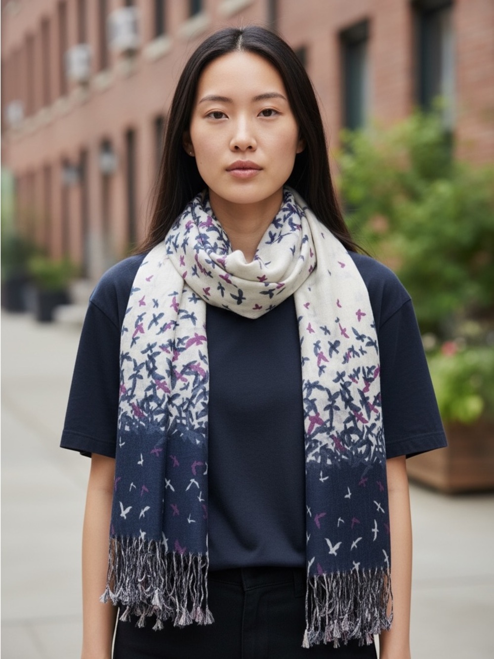 Bird Print Fringe Scarf Navy Burgundy Lightweight Cotton Blend Wrap